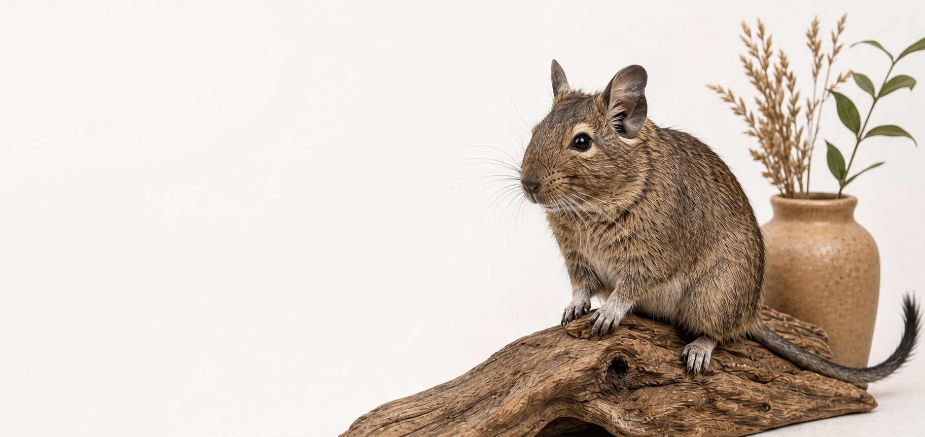 Ein neugieriger Degu sitzt auf natürlichem Holz